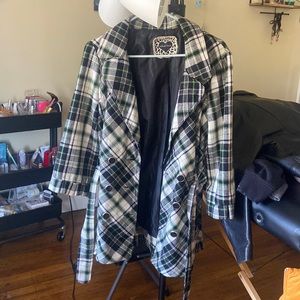 Plaid 3/4 sleeve pleated pea coat
